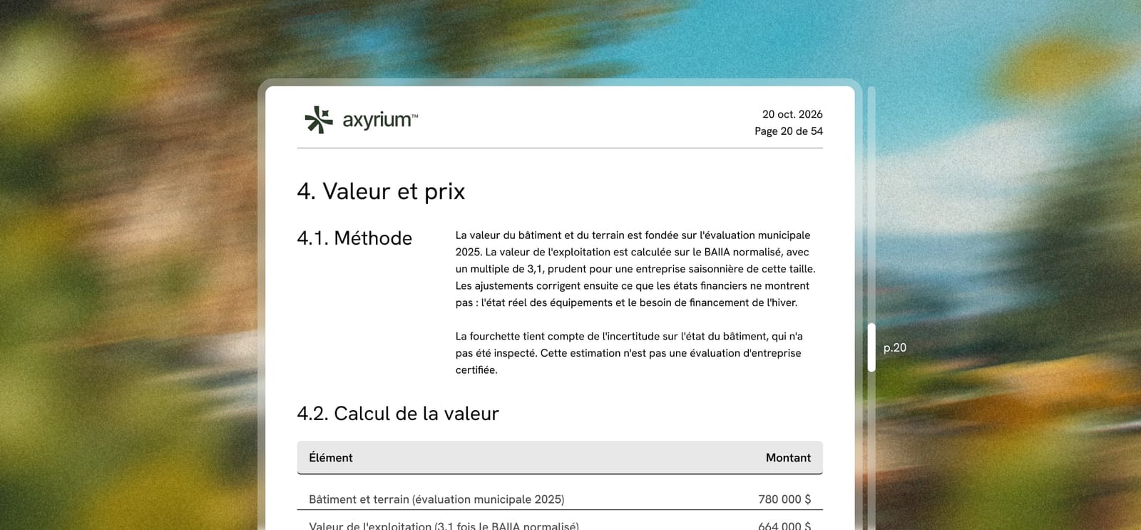 Rapport Pré-achat Axyrium, section Valeur et prix : méthode et calcul de la valeur