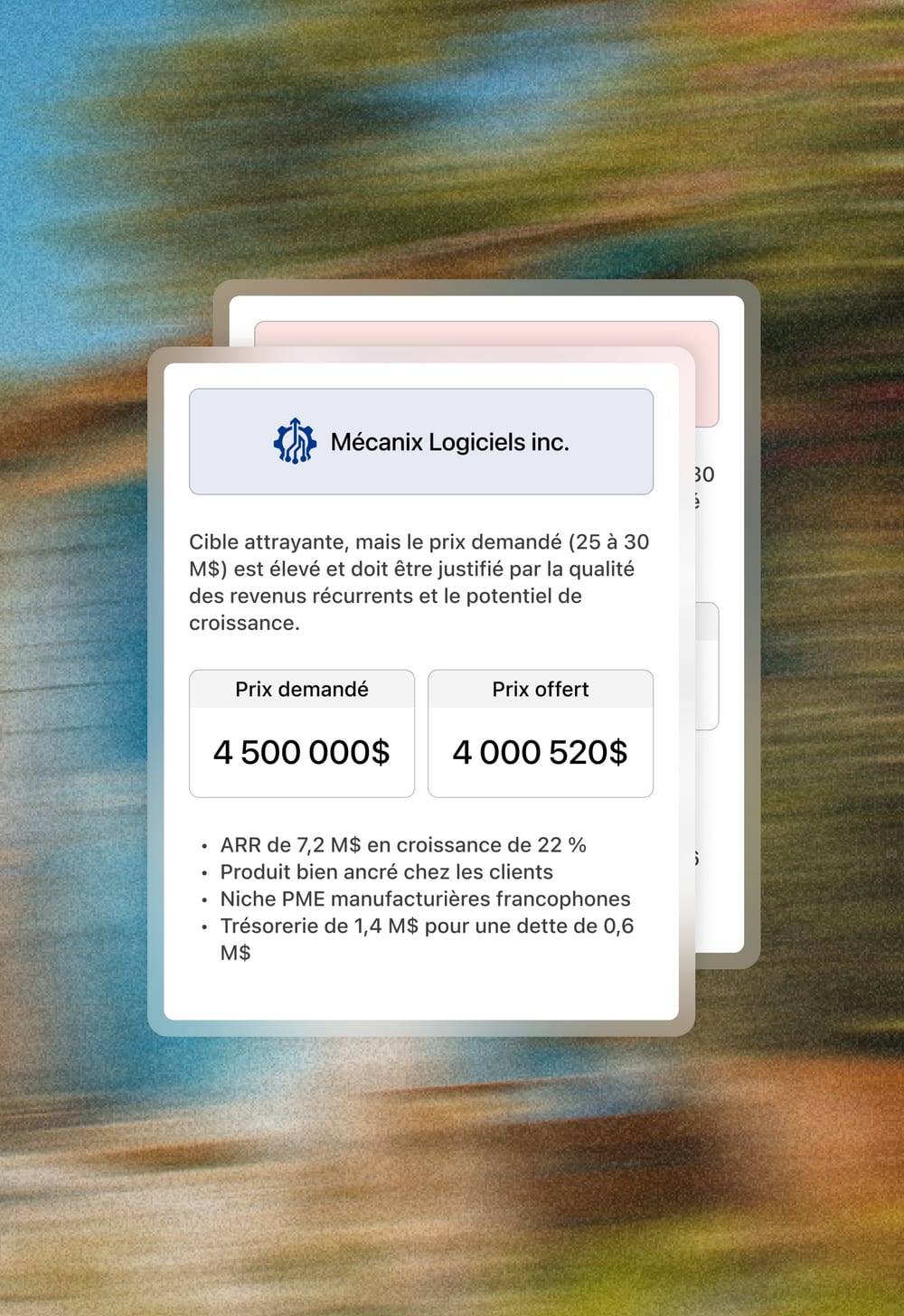 Fiches de dossiers dans Axyrium : Mécanix Logiciels inc., verdict, prix demandé et prix offert, points clés