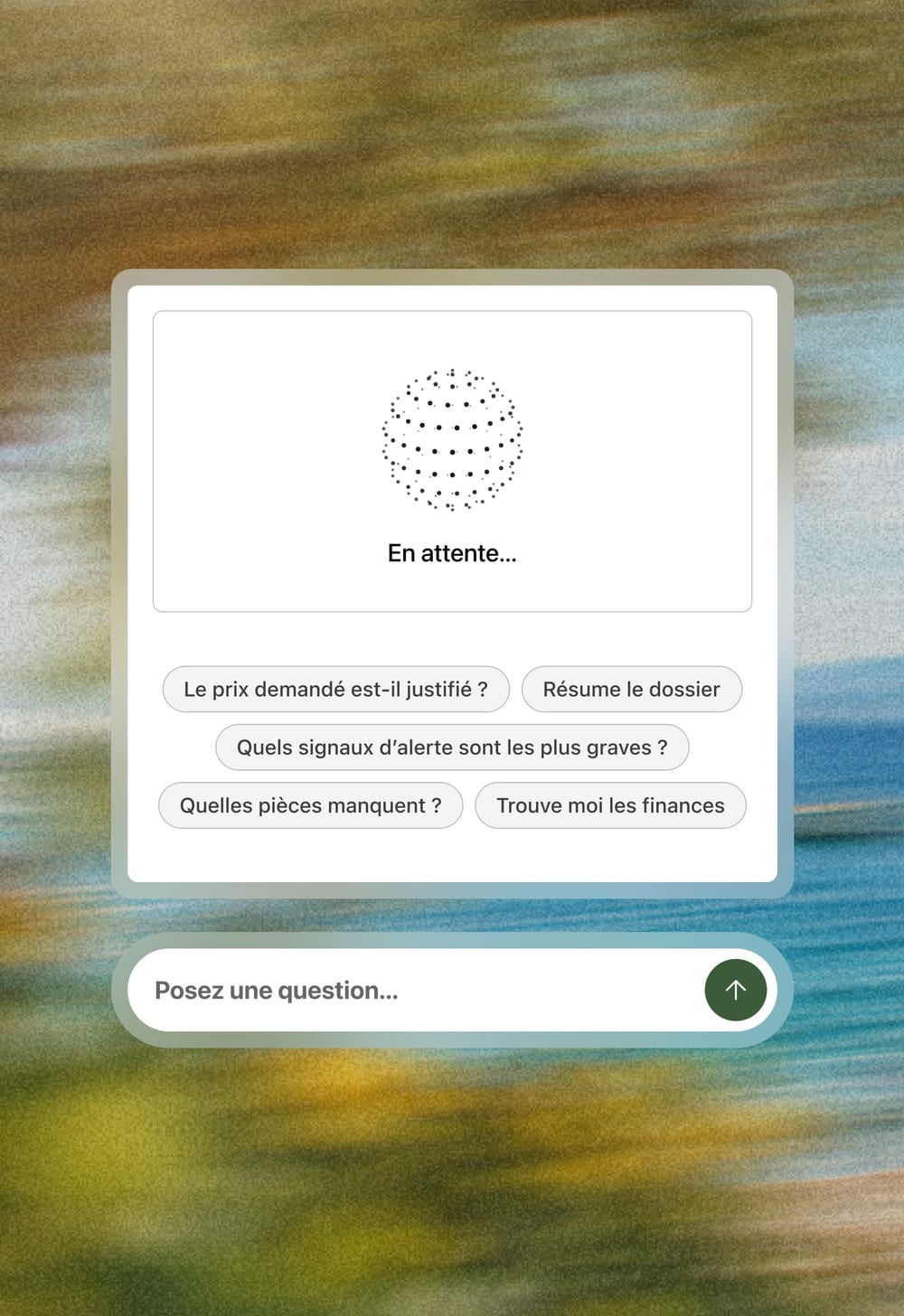 IA Axyrium sur un dossier : questions suggérées comme « Le prix demandé est-il justifié ? » et champ pour poser une question