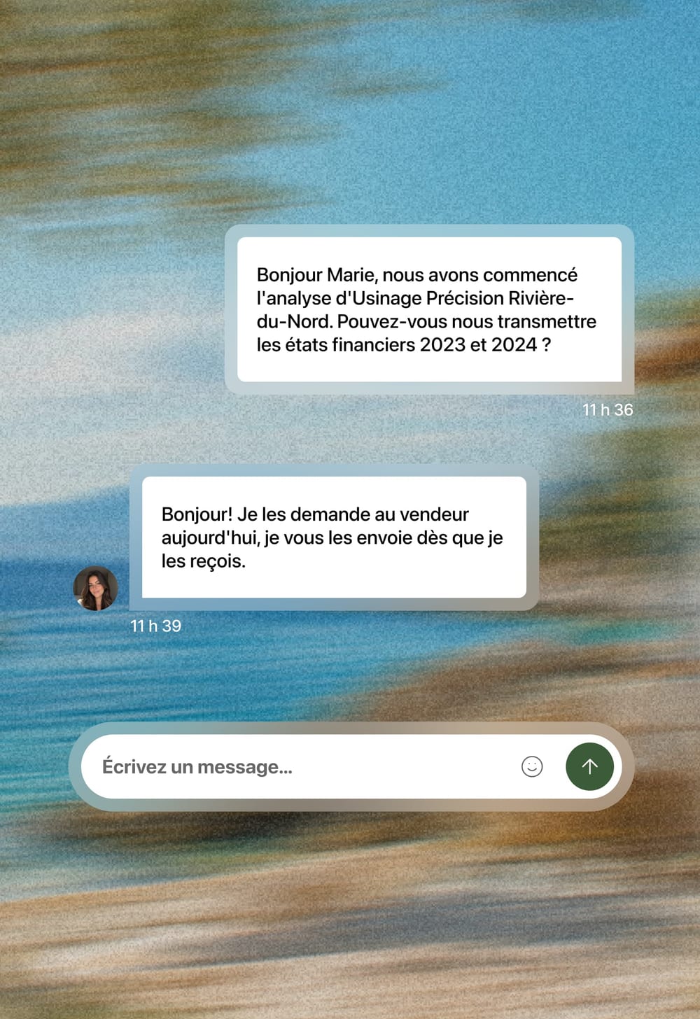Messagerie Axyrium : échange entre le cabinet et sa cliente au sujet des états financiers du dossier