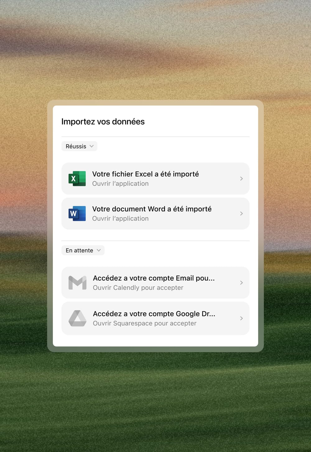 Import des documents dans Axyrium : fichiers Excel et Word importés, comptes courriel et Google Drive en attente