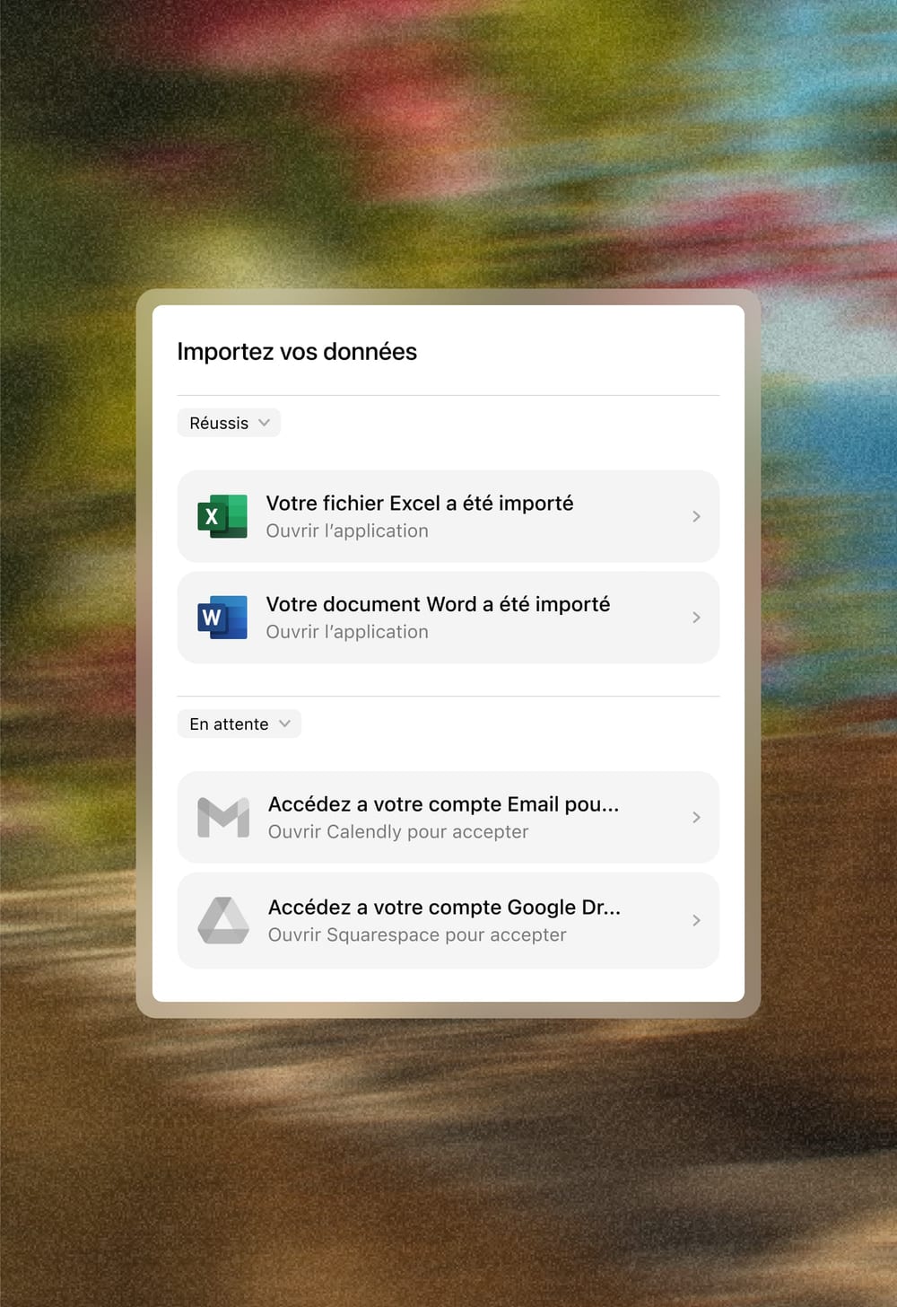 Import des documents dans Axyrium : fichiers Excel et Word importés, comptes courriel et Google Drive en attente