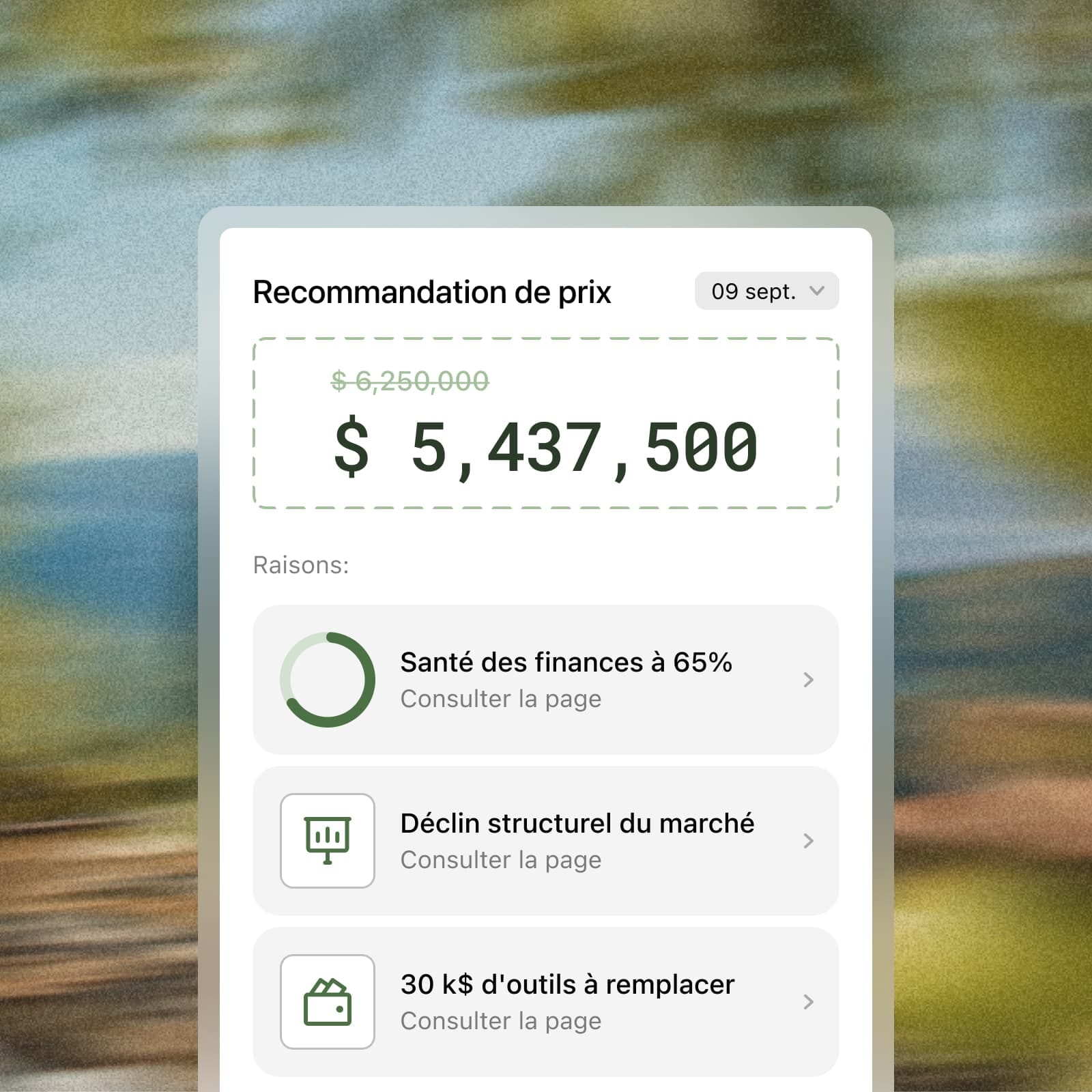 Recommandation de prix Axyrium : prix ajusté selon la santé des finances, le déclin du marché et les outils à remplacer